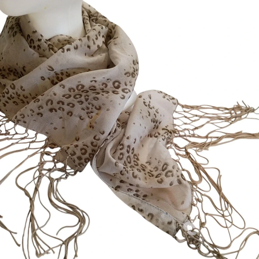 Studio 36 Tan Brown Leopard Print Fringed Scarf Lightweight Sheer‎ Animal Print